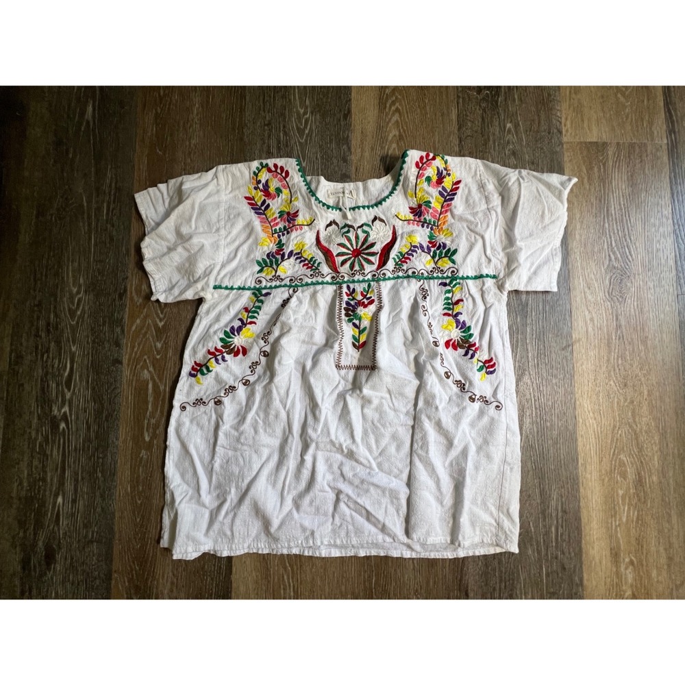 YZXDORWJ Peasant Blouse Women XL White Multi Color Floral Mexican Embroidery Top